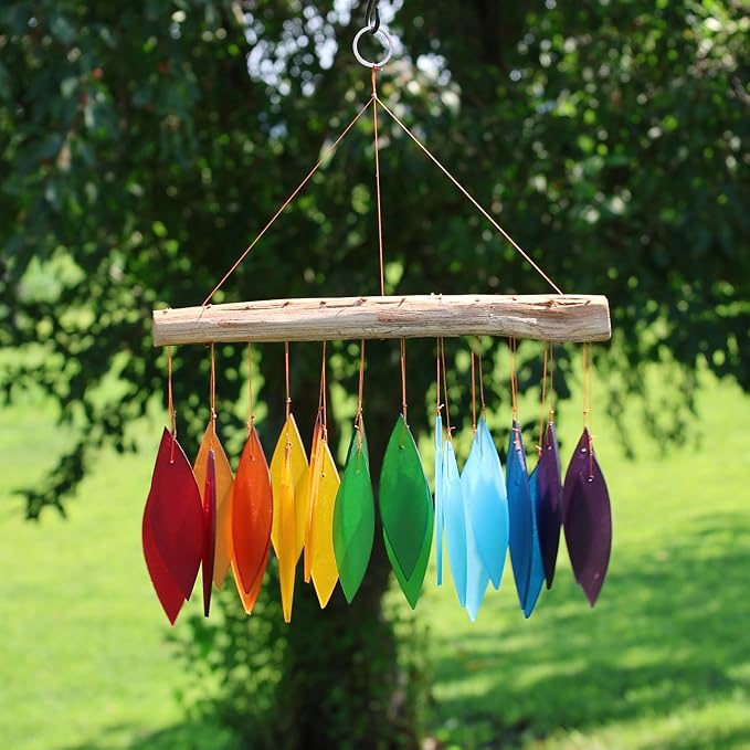 Blue Handworks Rainbow Glass Chime, Sandblasted Glass and Found Wood Handcrafted Wind Chime | Sandblasted Glass and Found Wood Handcrafted Wind Chime