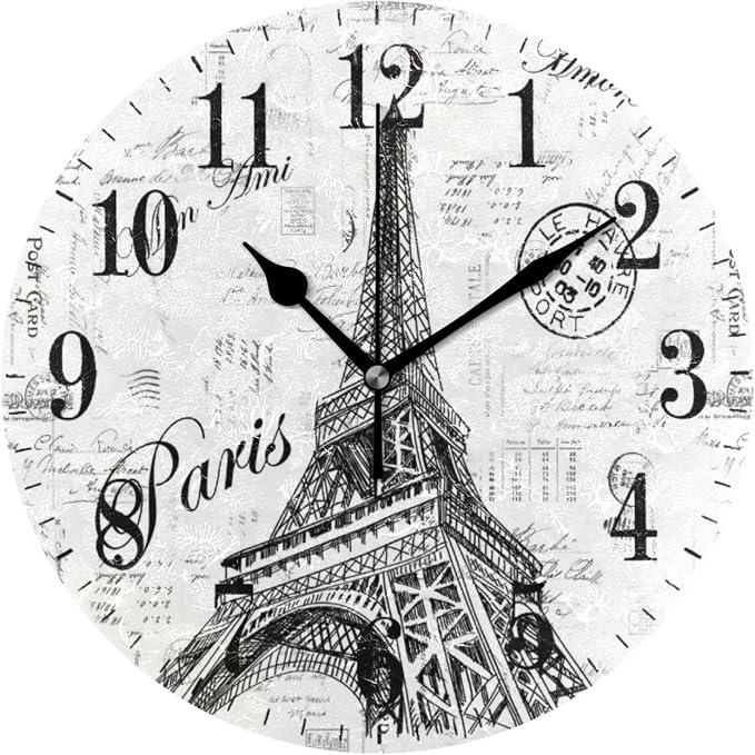 Paris Eiffel Tower Wall Clock, Silent Non Ticking 10 Inch Battery Operated Wall Clocks, Easy to Read Clock for Home Kitchen Living Room Bathroom Office Decor