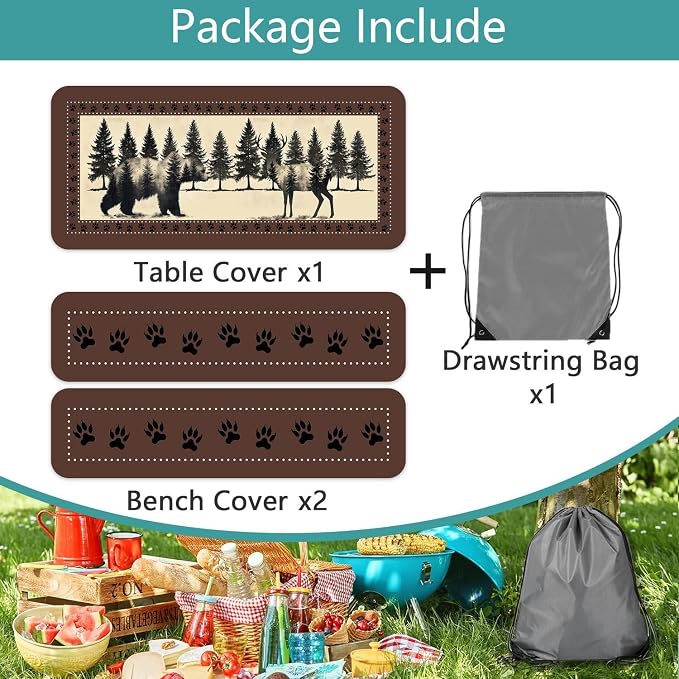 Picnic Table Cover with Bench Covers and Bag, Farmhouse Bear Camper Waterproof Windproof, Fitted Tablecloth Cover with Elastic Edge, for Indoor & Outdoor, Garden, Camping, 3 Pieces Set, 30x96 Inch