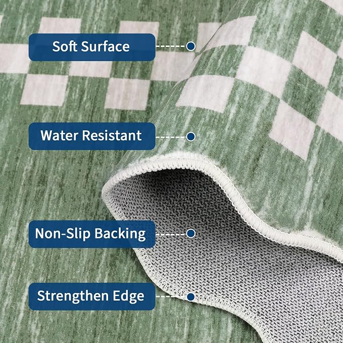 GarveeHome Rug Runners for Hallways 2x8 Washable Kitchen Runner Rug | Non Slip Low Pile Bedside Throw Carpet Modern Bordered Runners Checkered Rugs for Living Room Bedroom Entryway Nursery, Green