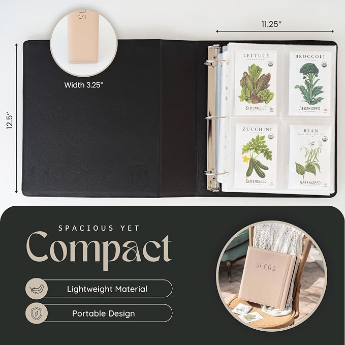Seed Storage Binder – Garden Seed Organizer with 50 Sheet Protectors, 5 Dividers & Flap-Top Inserts - Stores 200 Seed Packets - Seed Saver Binder for Gardeners