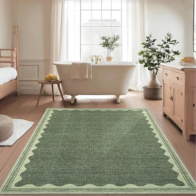5x7 Scalloped Area Rugs Green Washable Living Room Bedroom Rug | Solid Tan Rug for Bedroom Girls, Non Slip Throw Carpet With Rubber Back, Soft Dorm Nursery Scalloped Rugs for Dining Room