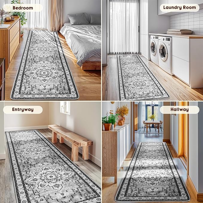 LBRO2M Machine Washable Rug Soft Pet Friendly Carpet 2X10 Gray | Persian Runner Rug 2X10 for HallWay, Bedroom, Kitchen, Laundry Room, Non Slip Carpet, Foldable Stain Resistant Rugs