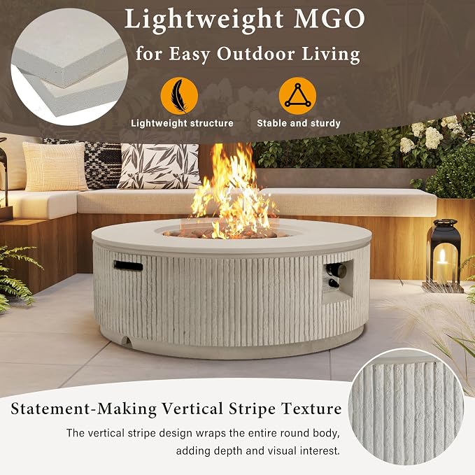 Merax 38.19'' MGO Propane Outdoor Fire Pit with Vertical Stripe Design, 50000 BTU Round Fire Pit Table with Steel Burner, Adjustable Flame Control, Lava Rocks & Rain Cover for Patio&Backyard, Beige
