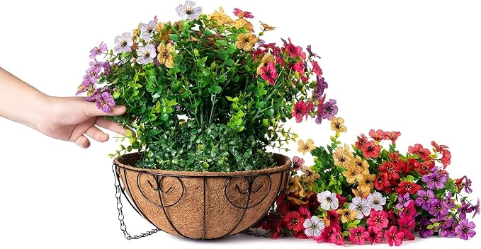 HyeFlora Artificial Faux Hanging Plants Flowers Basket for Summer Outdoor Outside Decoration, Fake Silk UV Sun Resistant Look Real Colorful Daisy Eucalyptus for Porch Home Patio Balcony Yard
