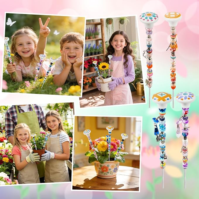 178 Pcs DIY Beaded Garden Stakes Kit with Cartoon Stoppers | Garden stakes kit with beads colorful crystal stoppers DIY fairy wands, garden decor, outdoor crafts