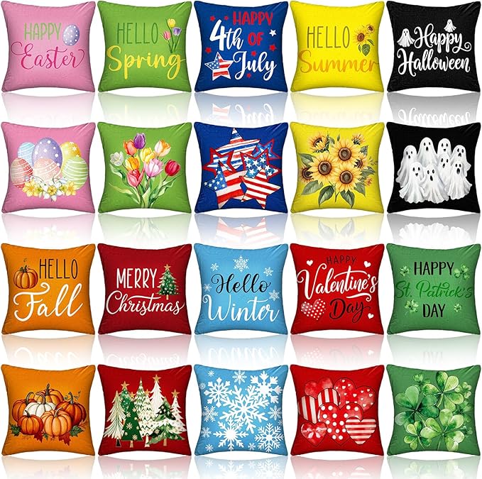 Mindsoft 20 Pcs Holiday Pillow Covers 18 x 18 Easter Pillow Cover Spring Summer 250th Anniversary Pillowcase Decorative Seasonal Cushion Case for Farmhouse Home Sofa(Seasonal)