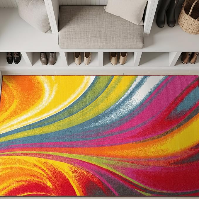 Rugshop Waves Non-Slip Modern Fade Resistant Area Rug Multi 3'3" x 5' | Rectangular, Size 3'3" x 5', Living Room, Bedroom, Dining Room, Home Office, Kitchen, Entryway, Hallway, Nursery, Kids Room