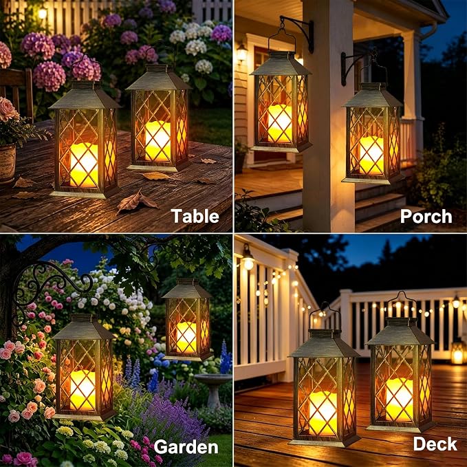 Solar Lanterns Outdoor Waterproof, 1 Pack 14'' Tempered Glass Outdoor Lanterns with Flameless Candles, Solar Hanging Lantern Decorative for Patio Porch Garden Table Deck Outside - Bronze