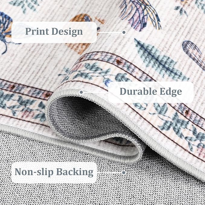 ROYHOME Washable Rug 5x7 Area Rugs for Living Room, Mushroom Insect Rug for Bedroom, 5x7 Rug Non Slip Throw Rugs with Rubber Back, Low Pile Stain Resistant Modern Carpet for Dining Room Dorm,Beige