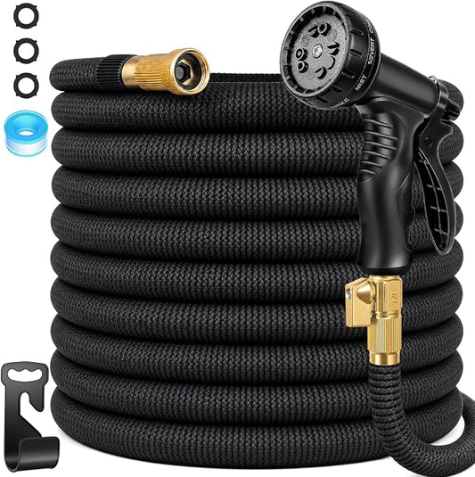100 ft Expandable Garden Hose with 10-Function Spray Nozzle – Flexible Water Hose with 3/4" Solid Brass Fittings, 3750D Extra-Strong Fabric, 5-Layer Latex Core, Leakproof & Kink-Free Expanding Hose