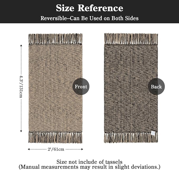 2' x 4.3' Boho Kitchen Runner Rug, Natural/Black Bathroom Rug | Hand-Woven Bathroom Rugs, Boho Washable Entry Carpet Washable Reversible Front Door Mats for Laundry Porch Decor
