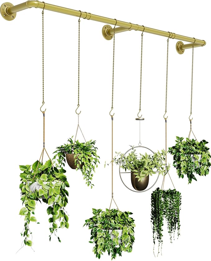 SOFITORG 65.7" Metal Plant Hanging Rod with 6 Chains, Pots Not Included | Wall Plant Hanging Bar, Durable Hanging planter holder for Window Ceiling, Easy Assembly, All Hardware Included, Gold