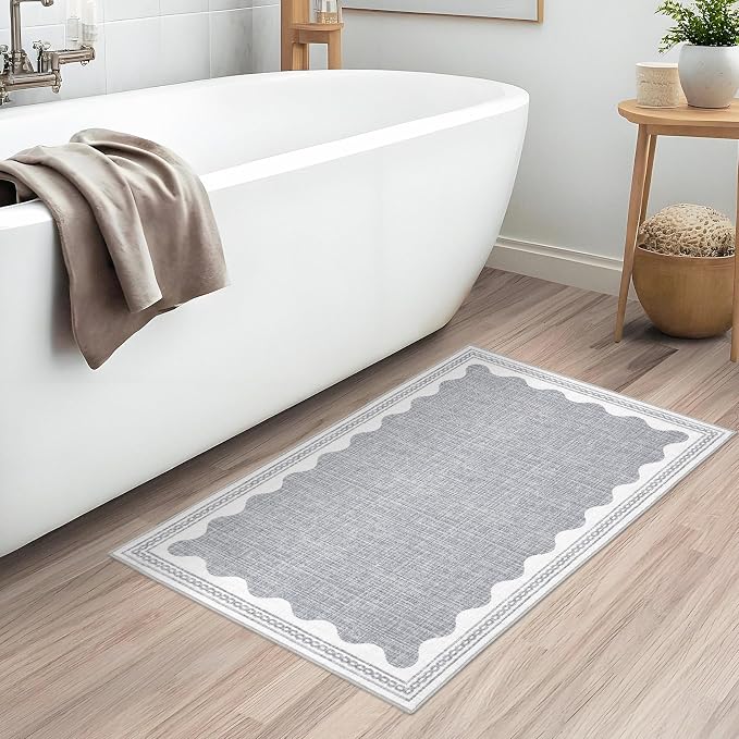 2x3 Scalloped Area Rugs Grey Washable Entryway Bedroom Rug | Solid Small Area Rug Non Slip Scalloped Bath Mat, Front Door Mat Indoor Entrance,Soft Girls Nursery Dorm Carpet for Kitchen