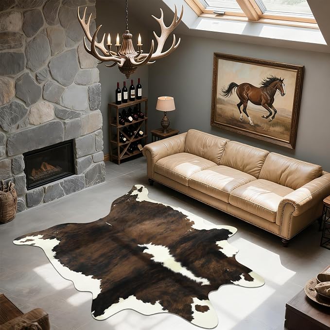 BENRON Faux Cowhide Rug, Cow Print Rug for Living Room Bedroom 4.6x5.2ft | Western cow hide rug for Cowboy Cowgirl Home Decor, Washable Rugs with Irregular Animal Skins and Hides Non Slip, Brown
