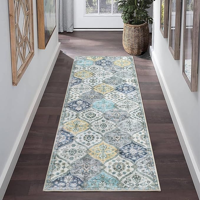 ROYHOME Runner Rug 2x10 Washable Moroccan Trellis Hallway Runner Rug | Stain Resistant Non-Slip Floor Cover Vintage Distressed Entrance Carpet for Laundry Kitchen Entryway Bedroom, Blue/Yellow
