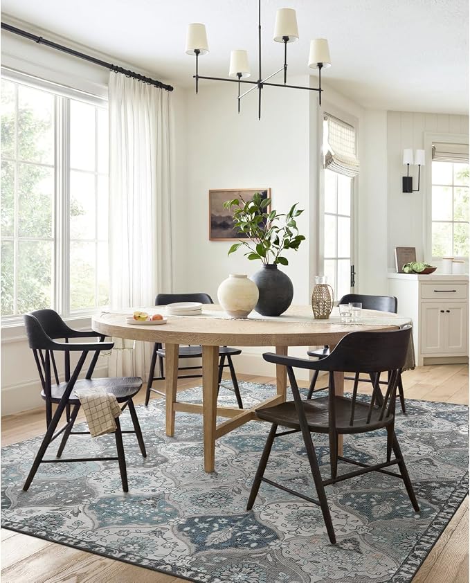 Lahome Moroccan Washable Area Rug 6x9, Large Soft Living Room Bedroom Rugs | Ultra-Thin Oriental Trellis Distressed Non Shedding Throw Carpet for Dining Room Office Elise, Blue