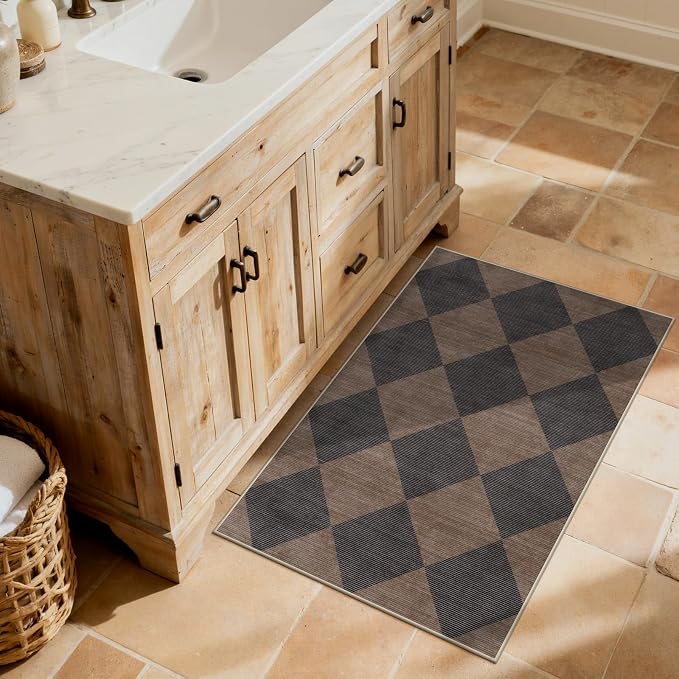 Beeiva Checkered Print 2x3 Samall Area Rugs for Entryway, Washable Stain Resistant Kitchen Rug Non Slip Ultra Thin 2x3 Bath Mat, Plaid Moroccan Alfombra for Bedroom Laundry Sink (Brown/Black)
