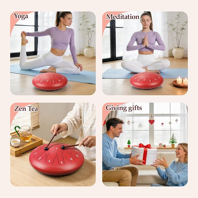 Red Steel Drum - 15 Note 12 Inch Steel Tongue Drum - Handpan Drum Music Book, Rain Drums Mallet, and Carry Bag
