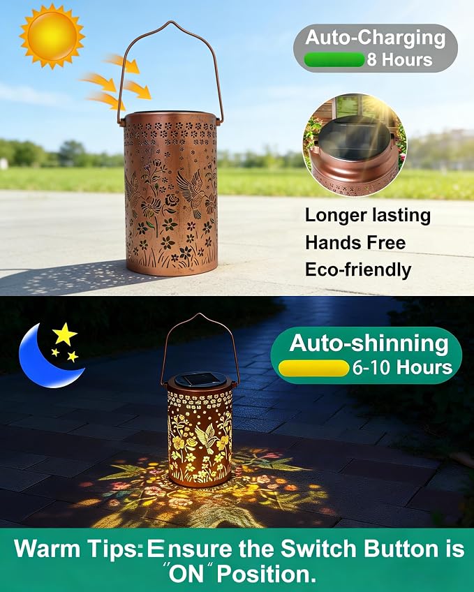 Hummingbird Colorful Solar Lantern Outdoor Waterproof, Garden Decor Gifts for Women Mom Grandma, Hanging Solar Lantern Lights Metal Decoration Outside for Yard, Patio, Backyard, Porch