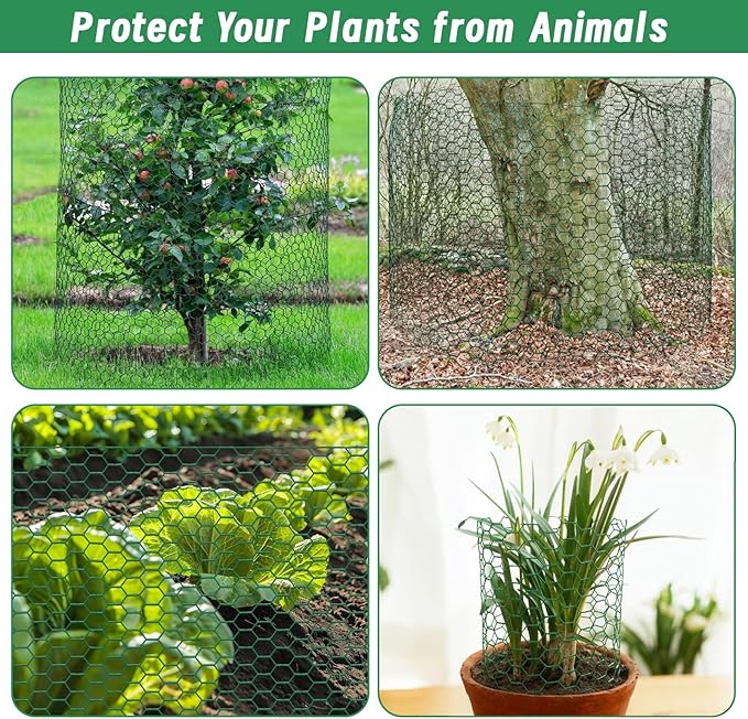 Convivium Plant Protectors from Animals, 0.8mm Free-Cut Green Chicken Wire Mesh, PVC Coated Tree Trunk Guard & Garden Fence for Outdoor Plants with Zip Ties, Stakes, Pliers, Gloves（16.7 Ft*24In）