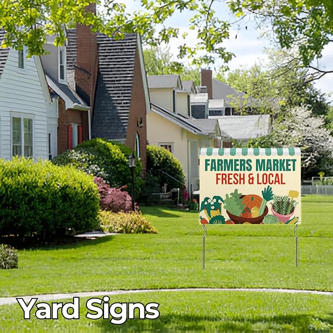 Farmers Market - Fresh & Local! Yard Sign by DC | 24"x18" Double Sided Conv. Store Garden Sign with 13” Metal Stakes | Outdoor Signs Waterproof for Lawn, Patio, Sidewalk & House | Set of 4