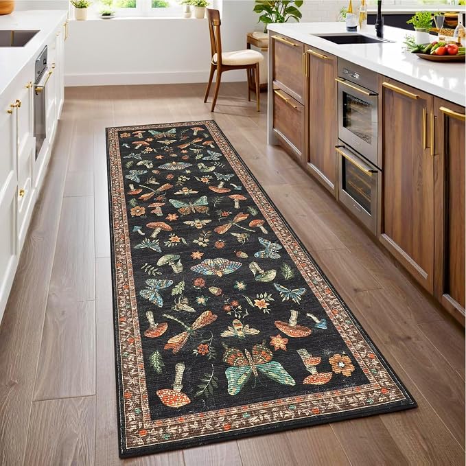 Mushroom 2x6 Runner Rug for Hallway Washable Kitchen Rugs Non Slip Low-Pile Whimsical Cottage Core Insect Bug Butterfly Funky Decor for Entryway Bathroom Bedroom Black Brown