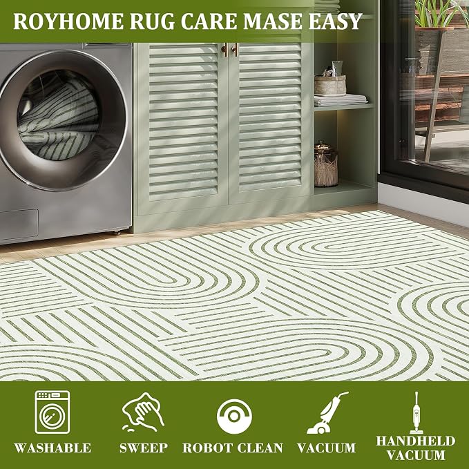 ROYHOME Modern 2x6 Hallway Runner Rug Non Slip Washable Kitchen Rug, Green | Abstract Bath Mat, Rainbow Geometric Runners Rugs for Bedroom, Soft Long Rugs for Entryway Arch Pattern Bathroom Laundry Dorm