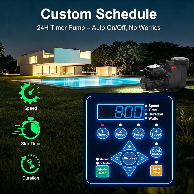 Variable Speed Pool Pump 2.0HP, Inground Pool Pump | with CEC Certified & ETL, Energy Efficient, Ultra Quiet, Built-in Timer, High Flow, Self-Priming, 230V, 1-Year Warranty