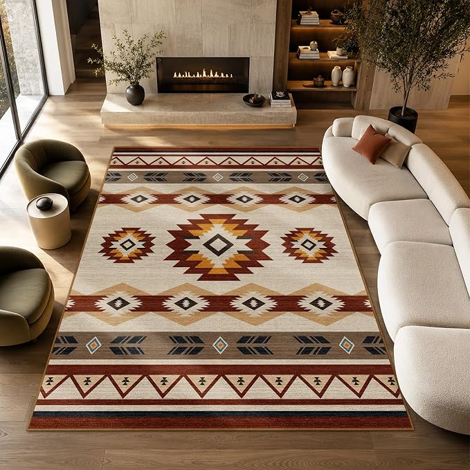5x7 Western Aztec Area Rug for Living Room Bedroom Southwestern Boho Large Rug Machine Washable Non-Slip Carpet for Dining Room Office