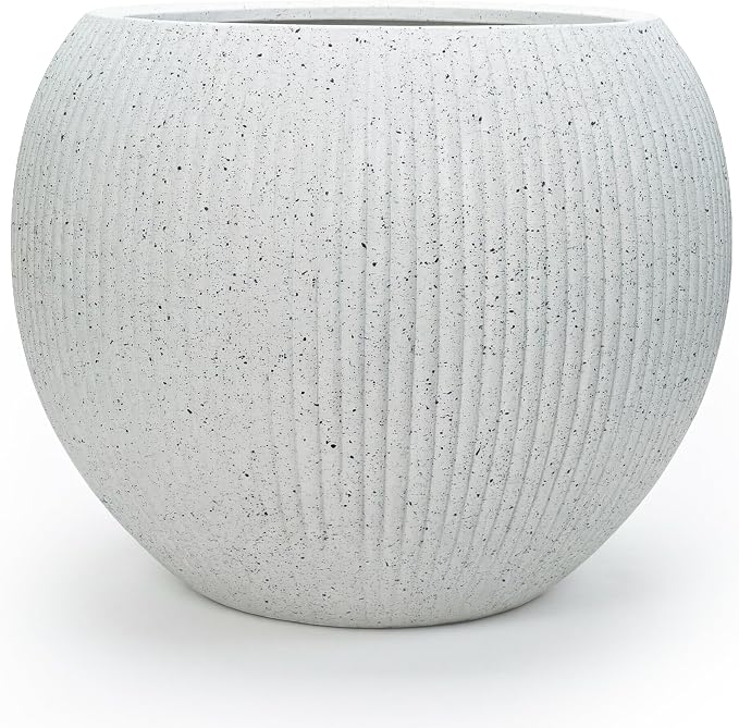 DTY Premium Mt Sherman Fiberstone Sphere Planter for Indoor Outdoor Use, Round Pot for Olive Tree, Lightweight, Smooth Finishes. 2 Coco Mats. Ribbed White, Small 12.6" D x 10'' H. 8.5” Pot Opening