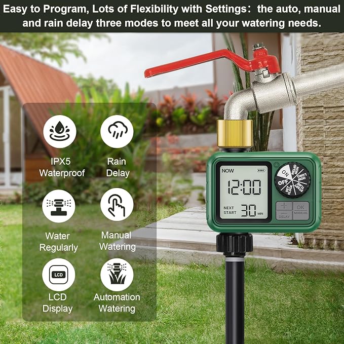 Water Timer for Outdoor Garden Hose, Sprinkler Timer for Garden Faucet with Auto/Manual/Rain Delay Mode, Sprinkler Irrigation Controller for Yard Lawn (1 Zones Brass Inlet & Outlet)