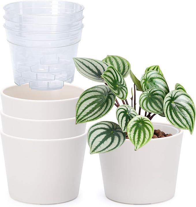 Phoenix Vine 6.6 Inch Oatmeal Plastic Cachepot with Clear Nursery Pot, Decorative Lightweight Planter Cover with Transparent Inner Pot for Indoor Houseplants, Pack of 4, 24-C-G-4