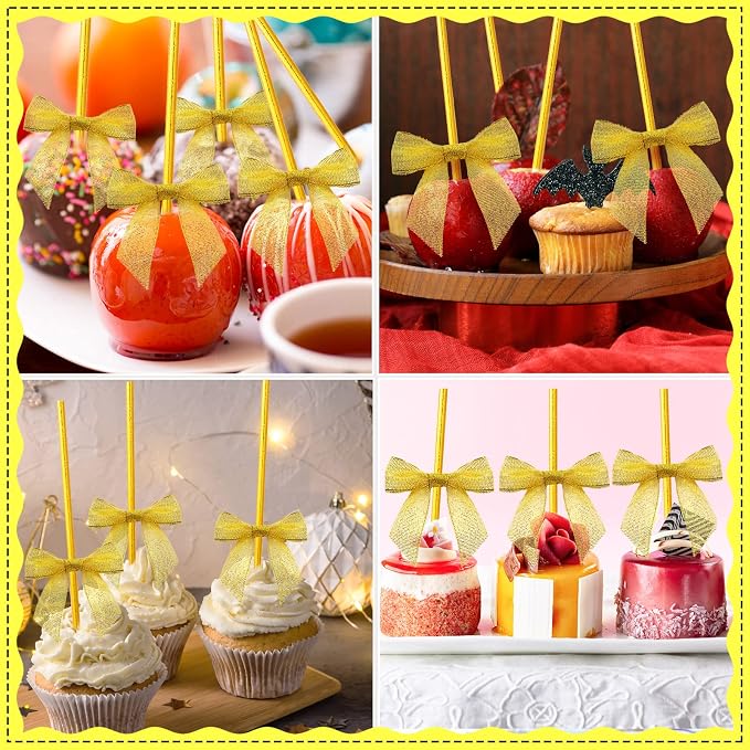 Jutom 200 Pcs Cake Pop Sticks and Bows Kit Include 100 Ribbon Twist Tie Bows 100 Paper Striped Straws for Cake Pops Candies Lollipops Chocolates Wedding Christmas Packaging Party Supplies(Gold)
