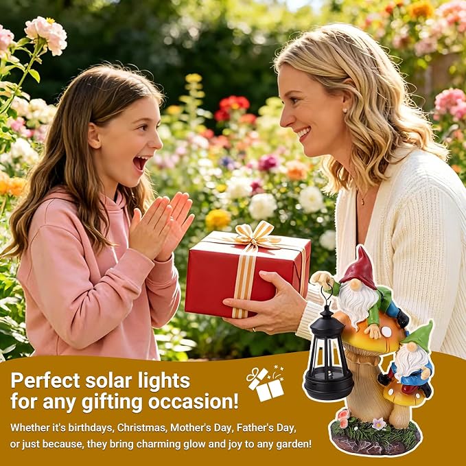 Solar Garden Gnome Statue Climbing on Mushroom with LED Lantern | Waterproof Resin Decor for Fairy Garden, Porch & Lawn, Handcrafted Funny Figurine, Unique Gift for Mom & Women