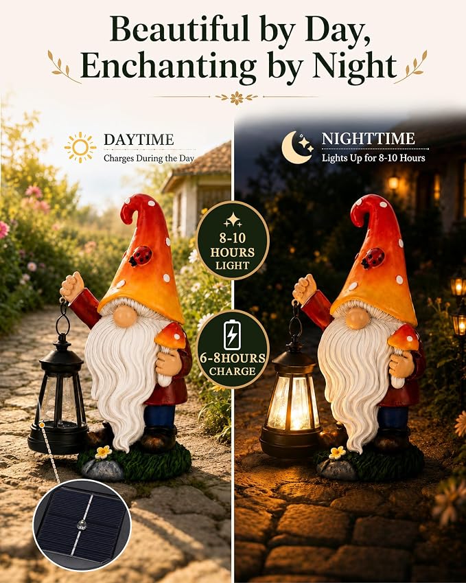 Solar Mushroom Gnome Garden Decor: Outdoor Sculpture with Lantern | IP65 Weatherproof for Yard Balcony Porch Lawn Birthday Gifts for Mom Women Grandma