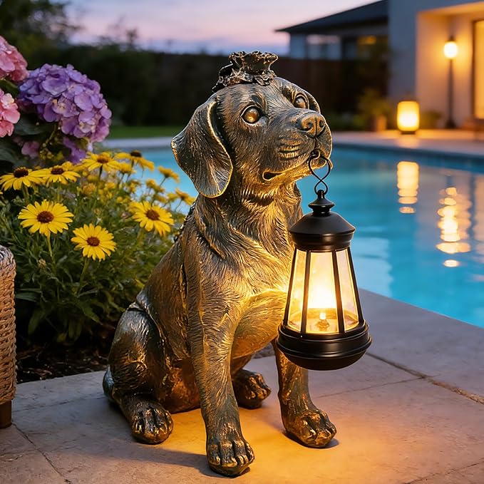 Solar Garden Statue Dog Figurine Decor with Lantern Lights, 11 Inch Outdoor Decoration Solar Dog Sculptures for Outside Patio Lawn Balcony Yard Ornament, Dogs Lover Gifts for Women Mom Birthday
