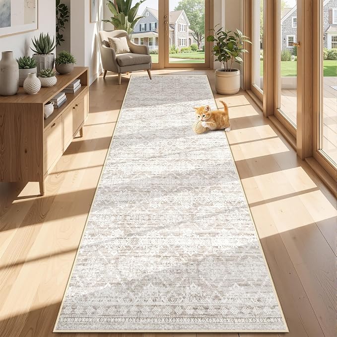 Runner Rug 2x8 Boho Geometric Area Rugs: Washable Kitchen Rug, Soft Non Slip Moroccan Long Hallway Rugs for Bedroom Bathroom Laundry Entryway Staircase Foyer(Ivory Mocha,2'x8')