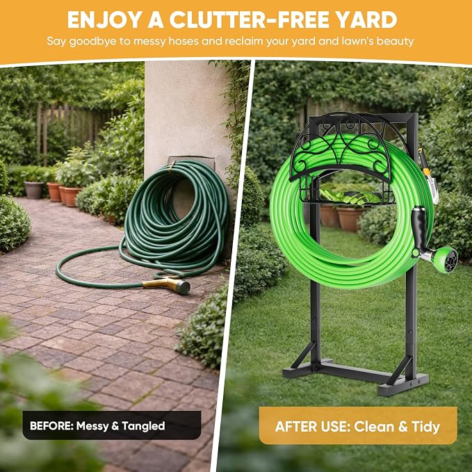 Heavy-Duty Garden Hose Holder with Storage Basket and Tool Hooks, Stable Freestanding Hose Stand Holds 160Ft, Metal Hose Hanger, Rustproof Water Hose Holder Storage for Outside,Yard,Lawn,Farm