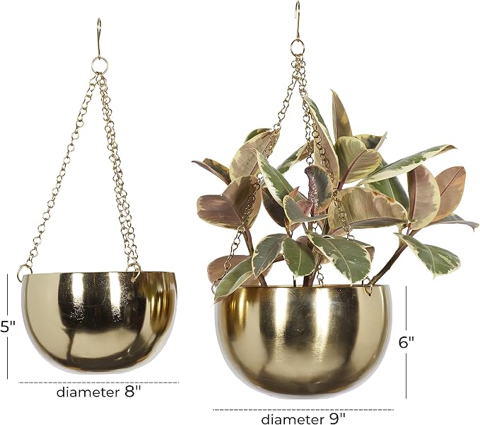 Deco 79 Metal Indoor Outdoor Wall Planter Indoor Outdoor Hanging Dome Hanging Planter with Chain, Set of 2 Plant Hanger 5", 6"H, Gold