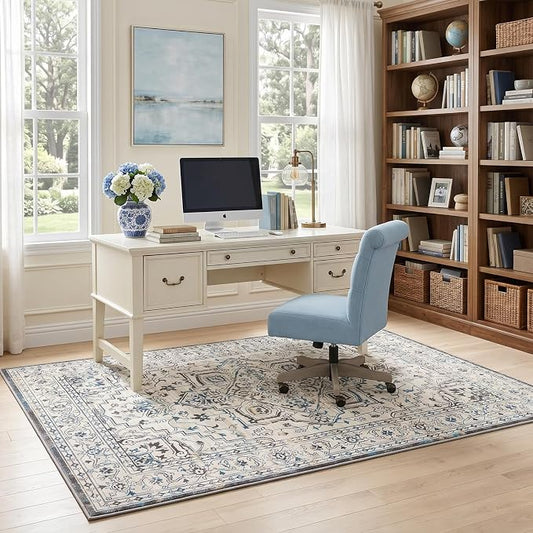 Vintage Washable Area Rug 4x6, Non-Slip Low-Pile Elegant Persian Carpet for Office Kitchen Bedroom Entryway, Stain Resistant Traditional Indoor Small Rug, Neutral Cream Blue