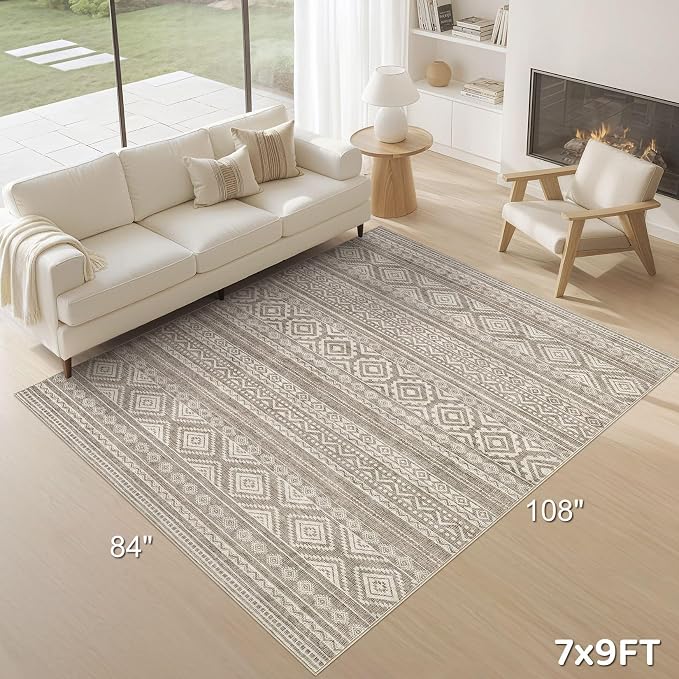 cotiled Boho 7x9 Area Rug for Living Room: Large Moroccan Washable Rug | Solve Modern Neutral Trendy Home Decor - Stain Resistan Indoor Carpet for Bedroom Farmhouse Dining Room Coffee Brown