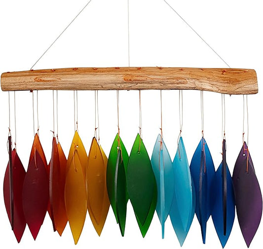 Blue Handworks Rainbow Glass Chime, Sandblasted Glass and Found Wood Handcrafted Wind Chime | Sandblasted Glass and Found Wood Handcrafted Wind Chime
