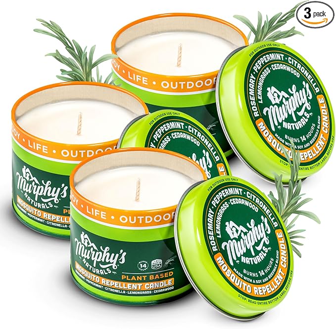 Murphy's Naturals Citronella Mosquito Repellent Candles, 3.5 oz (Pack of 3) | Soy & beeswax blend with rosemary, peppermint, citronella & lemongrass oils; 3.5 oz candles, 14-hr burn for patio & outdoors