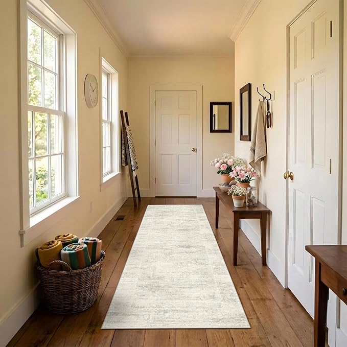Latte&Fog Washable Hallway Runner Rug 2x6 Non Slip Ivory Rugs for Kitchen | Neutral Low Pile Soft Throw Rug Doormat for Entrance Bathroom Laundry Bedside Bedroom Nursery Playroom Hallyway Dorm Office