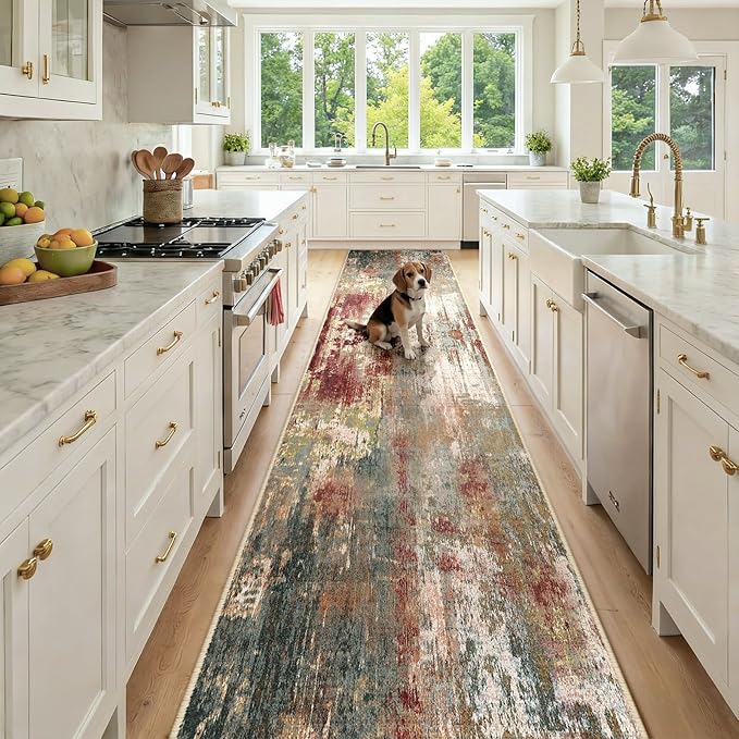 RELEANY Washable Runner 2'6"x12' Abstract Area Rug for Hallway Rustic Brown | Carpet for Kitchen, Entryway, Bathroom, Living Room, Bedroom, Printed Pattern, Non‑Slip, Soft, Stain‑Resistant, Easy to Clean