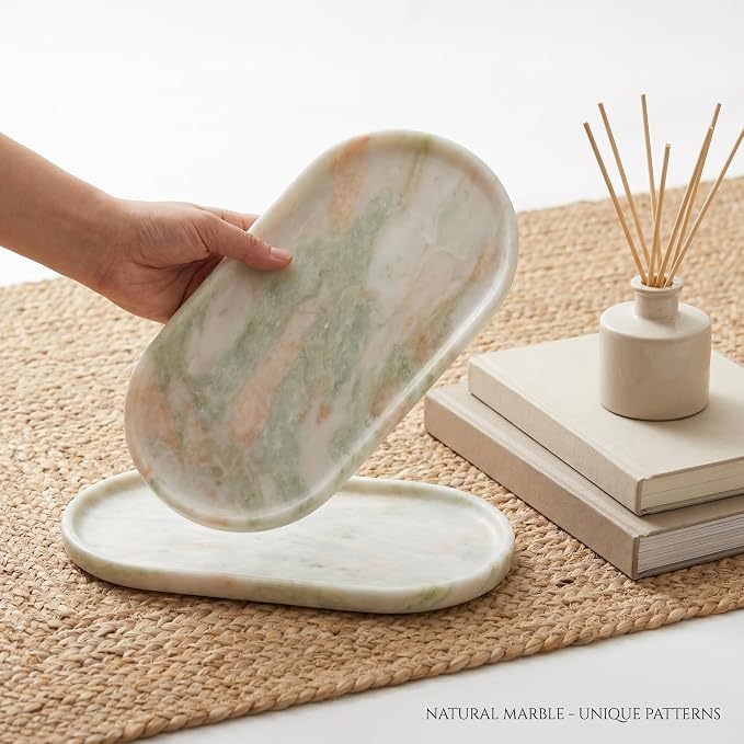 Genuine 100% Natural Marble Tray, Luxury Sage Green&White Stone Vanity Tray | 11.8" x 5.9" Decorative Oval Trays for Countertop Storage, Bathroom, Dresser, Kitchen, Home Decor, Jewelry Makeup Organizer