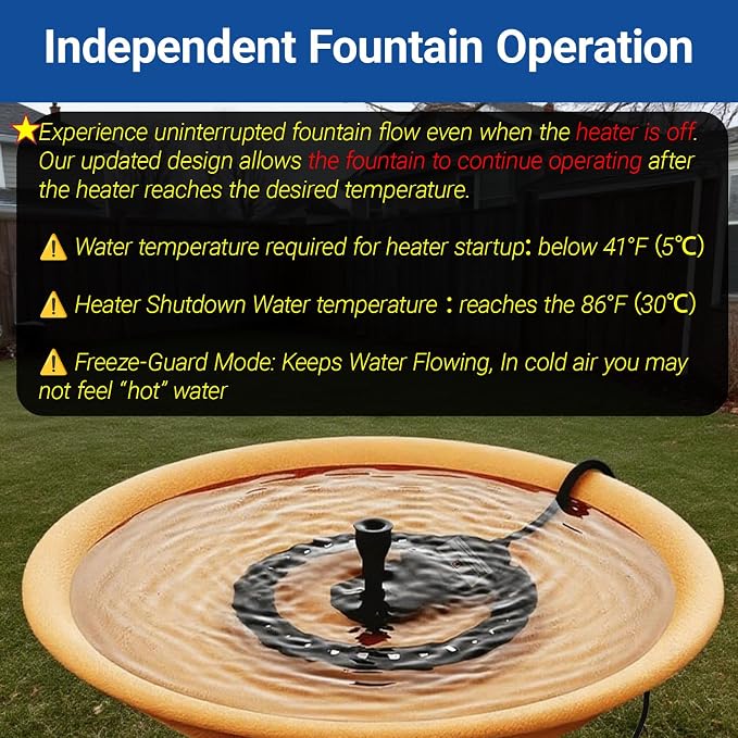 Upgrade Bird Bath Heater De-icer with Fountain Water Pump 200W Heated Bird Baths for Outdoors in Winter Thermostatically Controlled Upgrade 6ft Chew-Proof Cord for Garden Patio Backyard