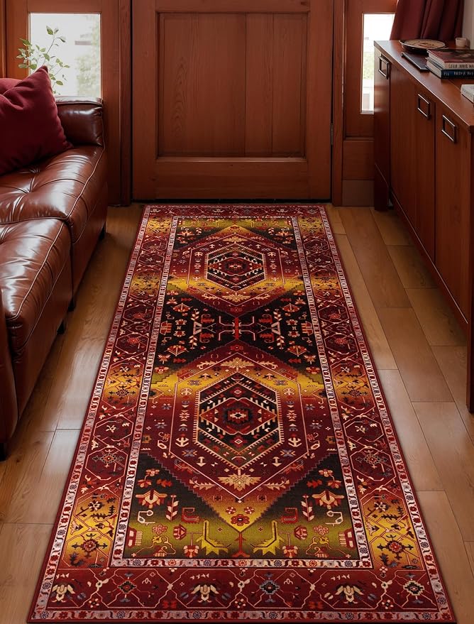 SERISSA 2x5 Washable Non Slip Boho Runner Rug for Hallway | Ultra Soft Vintage Oriental Carpet Low-Pile Rustic Red Gold Floor Carpet for Kitchen Bedroom Bathroom Laundry Living Room
