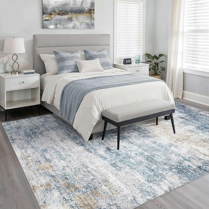 LOONGRUG 6x9 Area Rug Washable Neutral Modern Rug for Living Room Blue Gold | Abstract Soft Stain Resistant Indoor Non-Slip Carpet for Bedroom Nursery Kids Office Playroom Dining Room